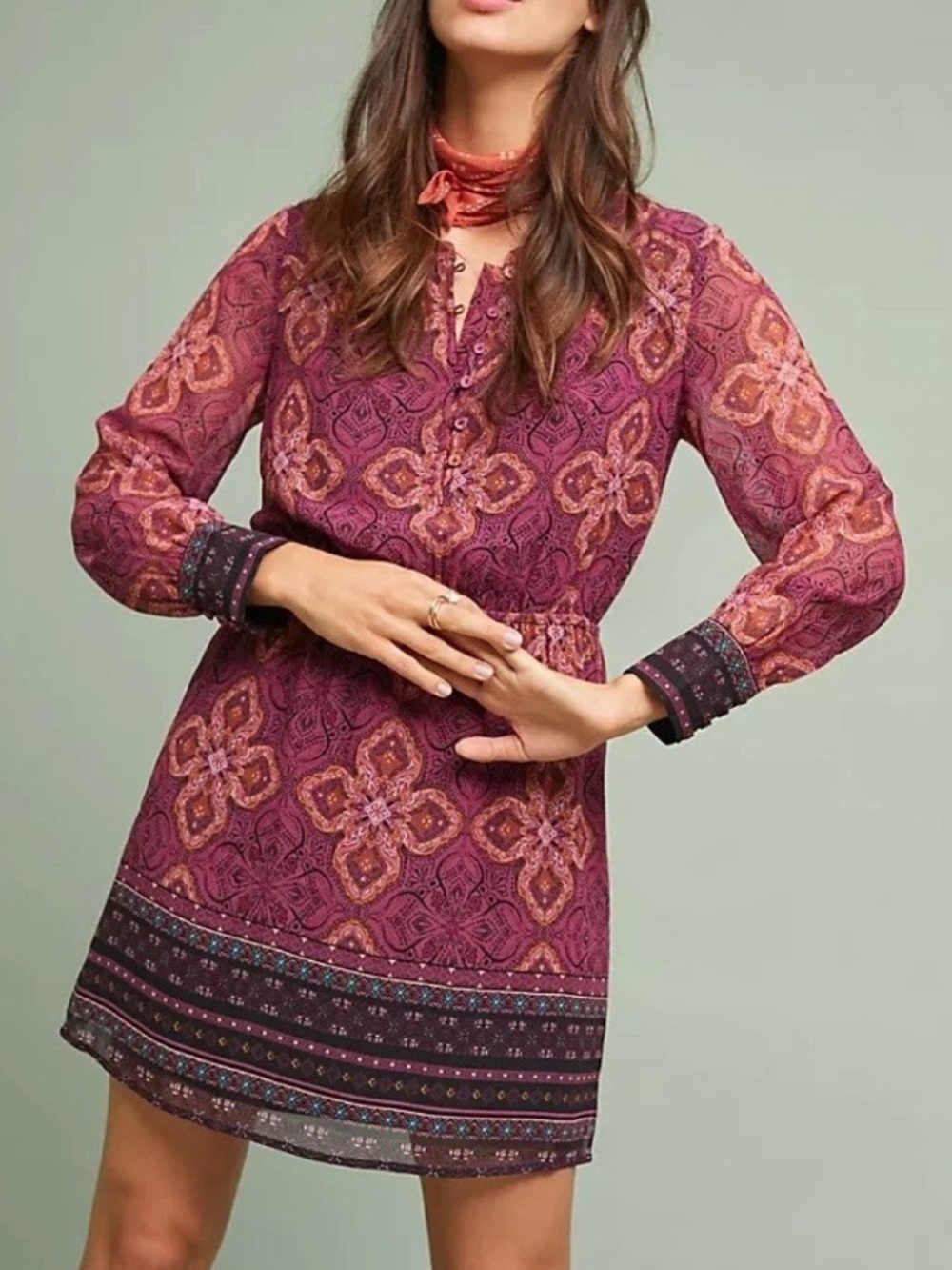 Maeve Anthropologie Printed Long Sleeve Boho Mini Dress Medium